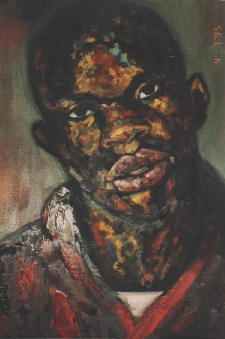 Portrait: Oil on canvas. Detail of John Coltrane's portrait by my father, Victor Herman, on the wall behind the Dr's portrait. 